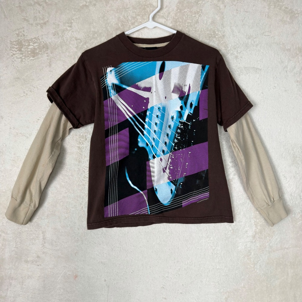 Vintage Top Heavy Kids Brown Electric Guitar Graphic Layered Long Sleeve Shirt L